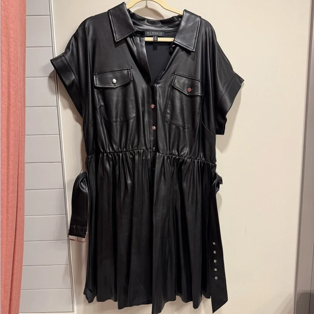 Faux Leather Dress With Pleated Skirt - Picture 3 of 8